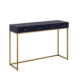 Paris rectangle black faux shagreen leather desk with two drawers with gold metal frame 